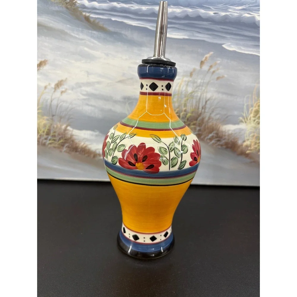 Pier 1 Alexandria Hand Painted Earthenware Oil Vinegar Cruet Floral Yellow Red